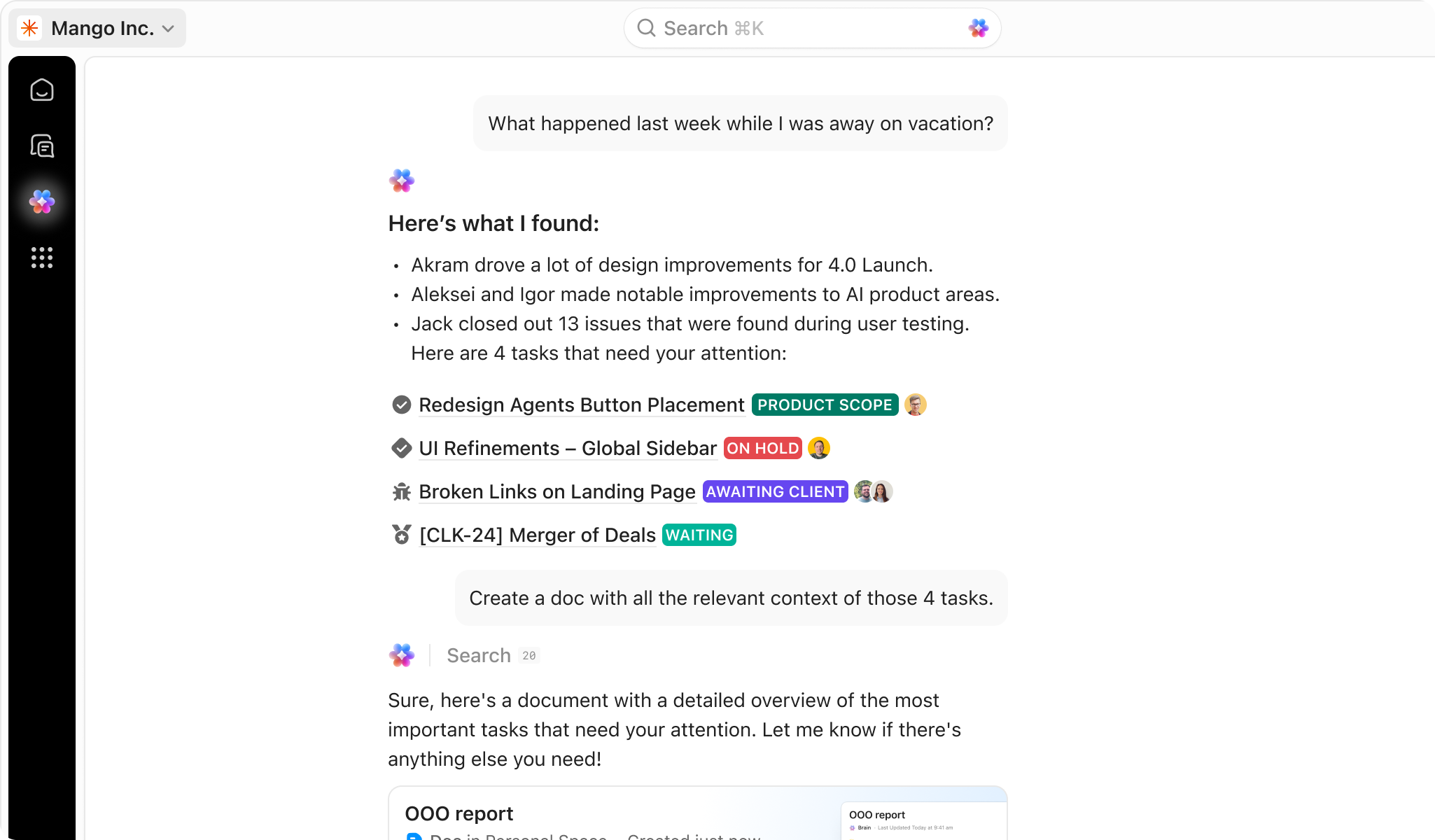 ClickUp showing a summary of tasks, each tagged with a custom status such as Product Scope, On Hold, Awaiting Client and Waiting