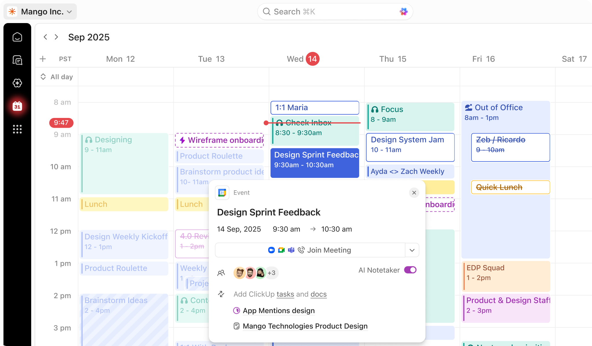 ClickUp Calendar view showing a week of tasks and meetings with an event detail card open