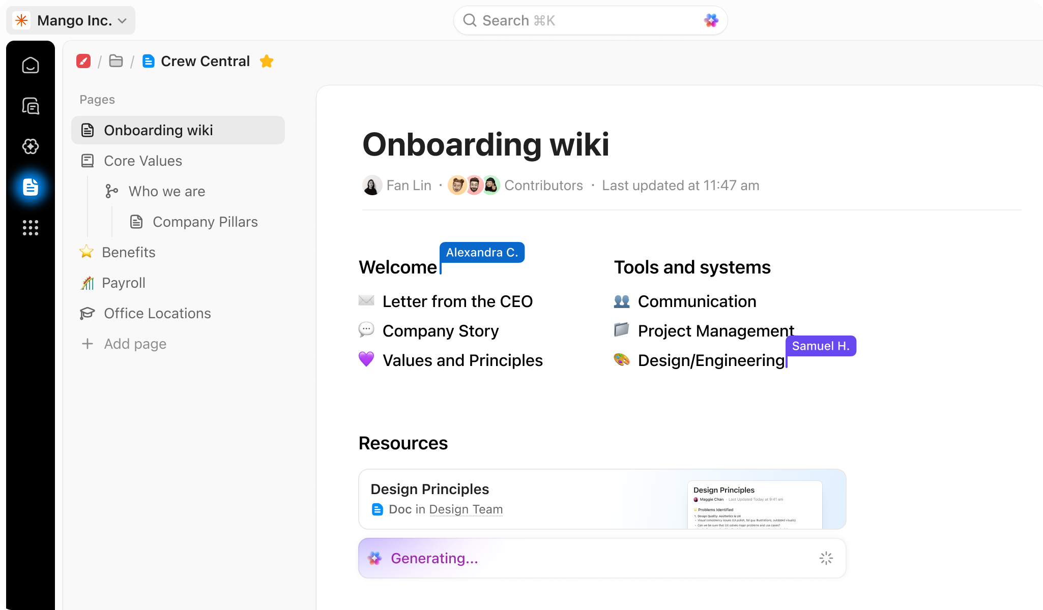 A ClickUp Doc titled Onboarding wiki with pages for core values, benefits and tools and systems